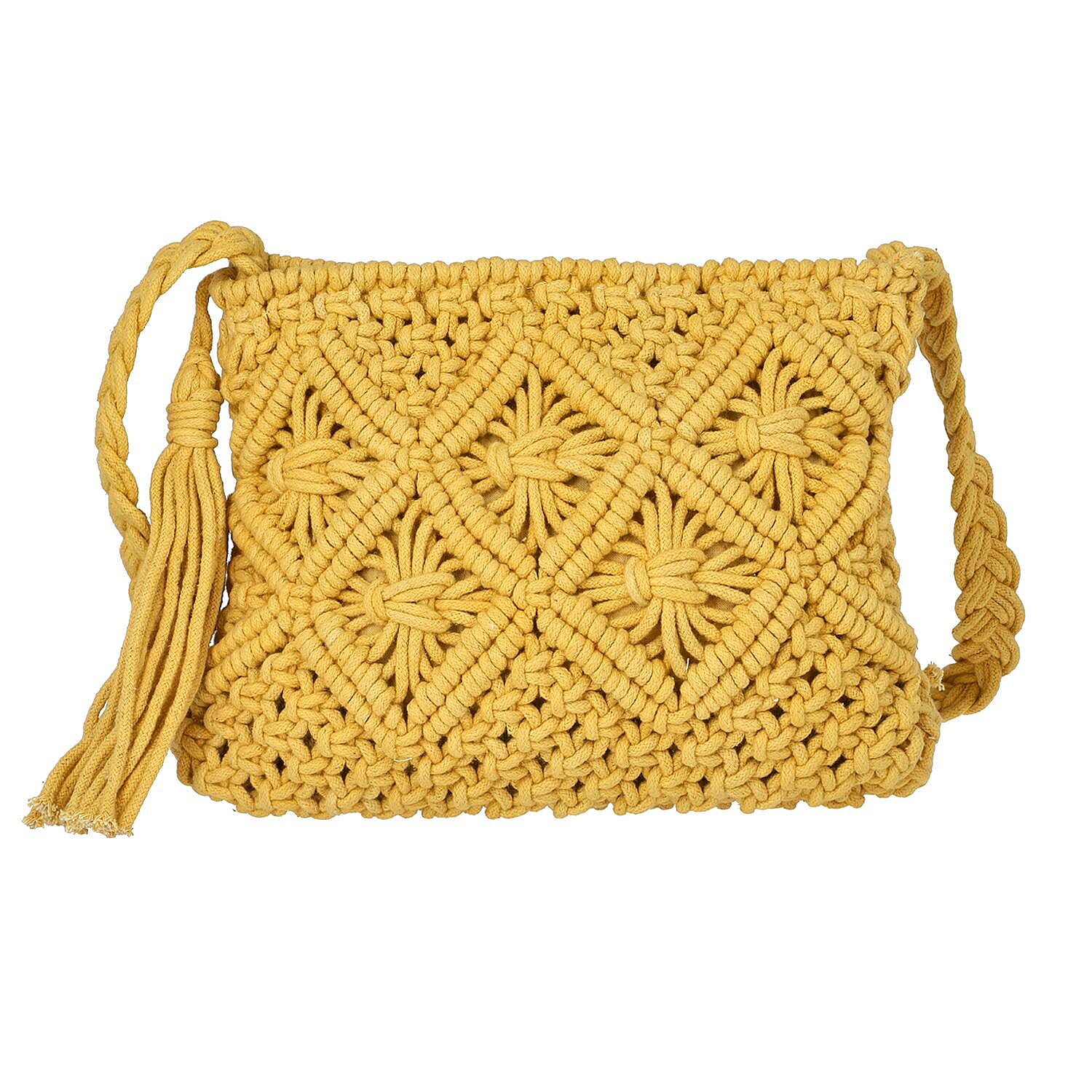 100% Cotton Crossbody Macrame Bag with Long Handle - Yellow