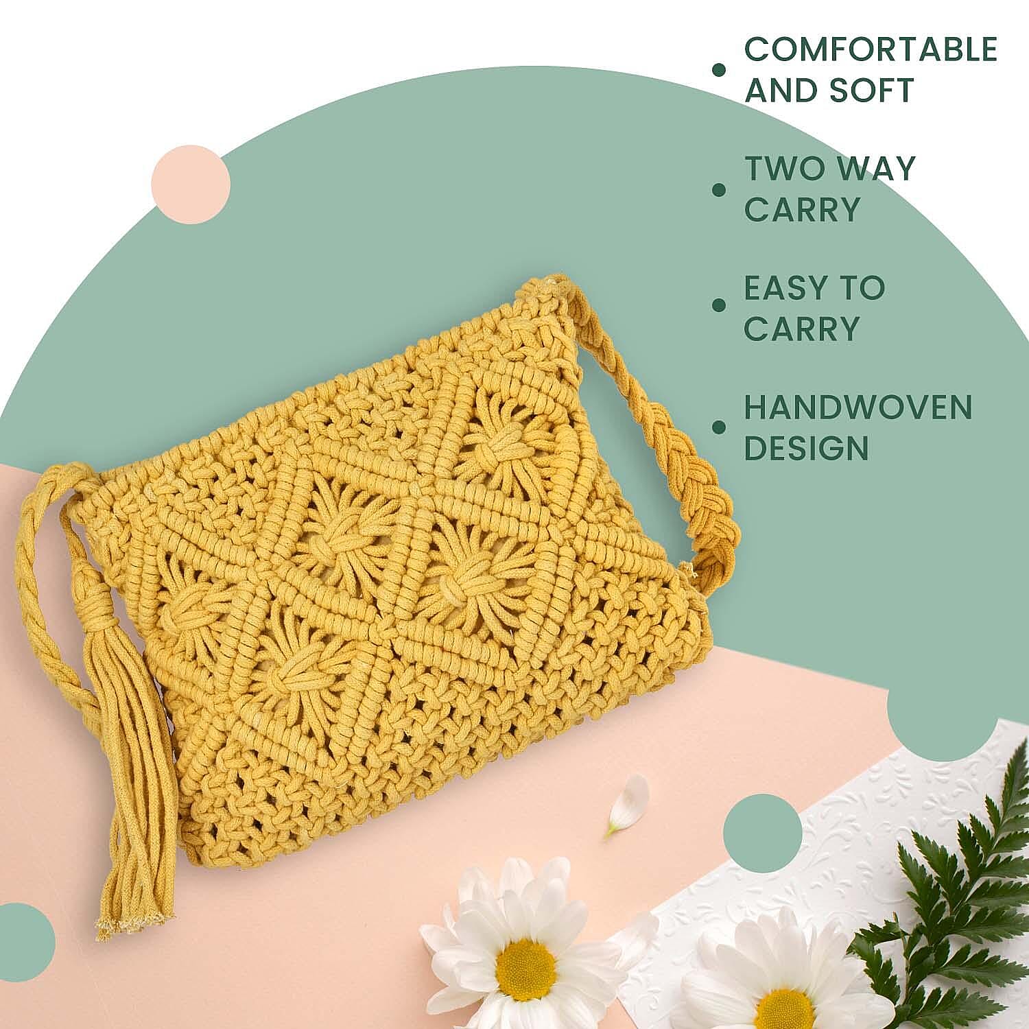 100% Cotton Crossbody Macrame Bag with Long Handle - Yellow