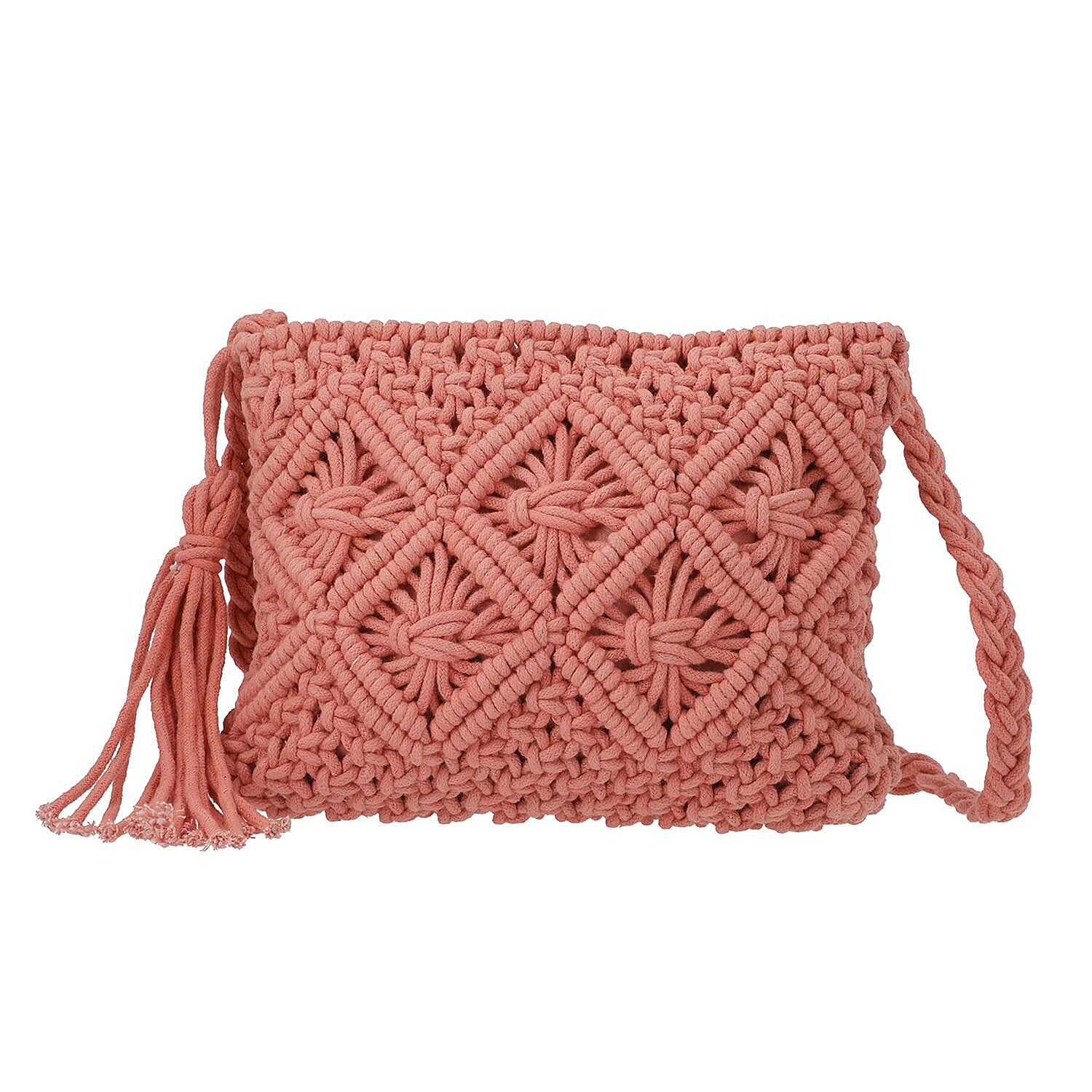 100% Cotton Crossbody Macrame Bag with Long Handle - Light Pink