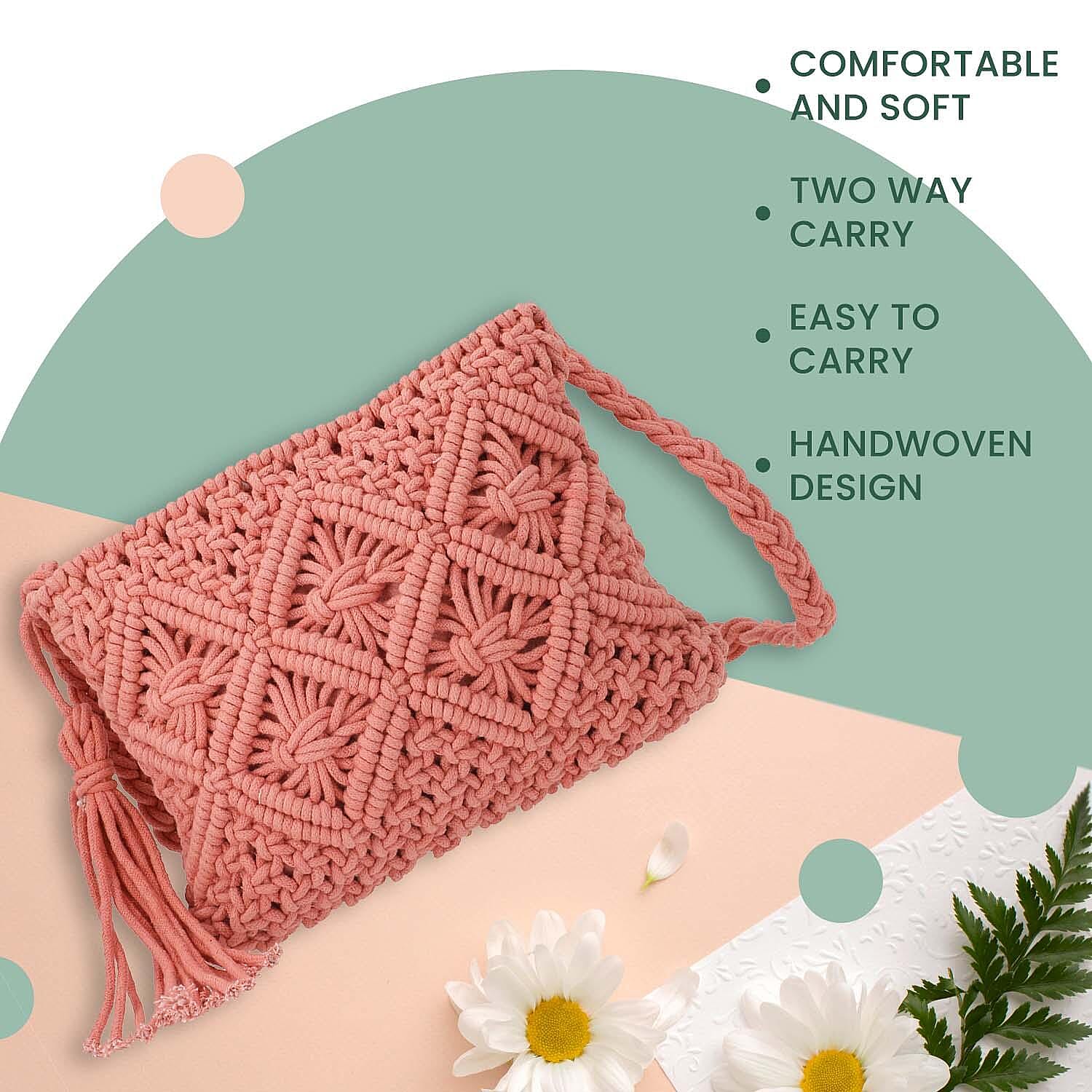 100% Cotton Crossbody Macrame Bag with Long Handle - Light Pink
