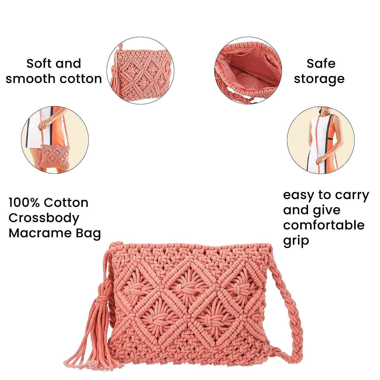 100% Cotton Crossbody Macrame Bag with Long Handle - Light Pink