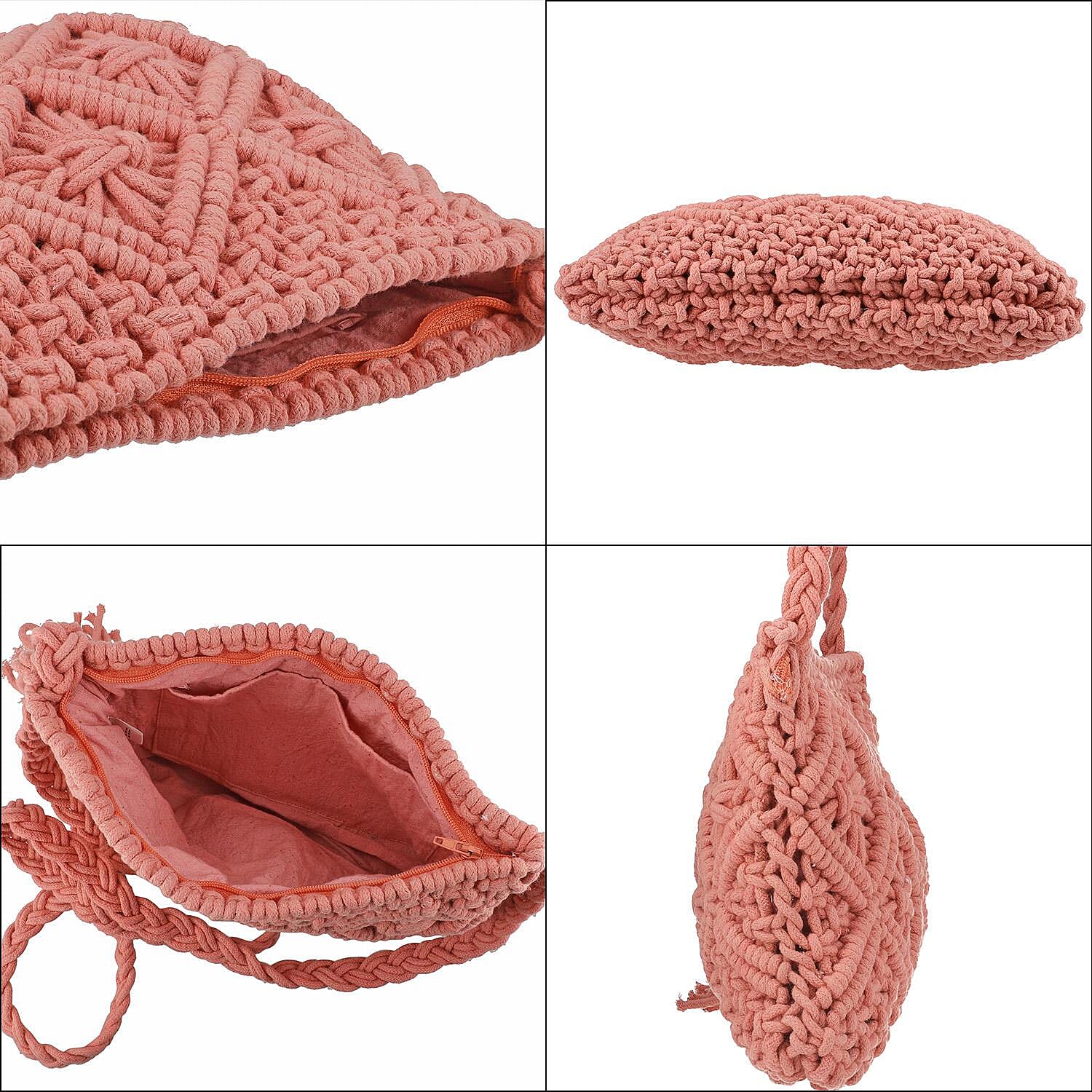 100% Cotton Crossbody Macrame Bag with Long Handle - Light Pink