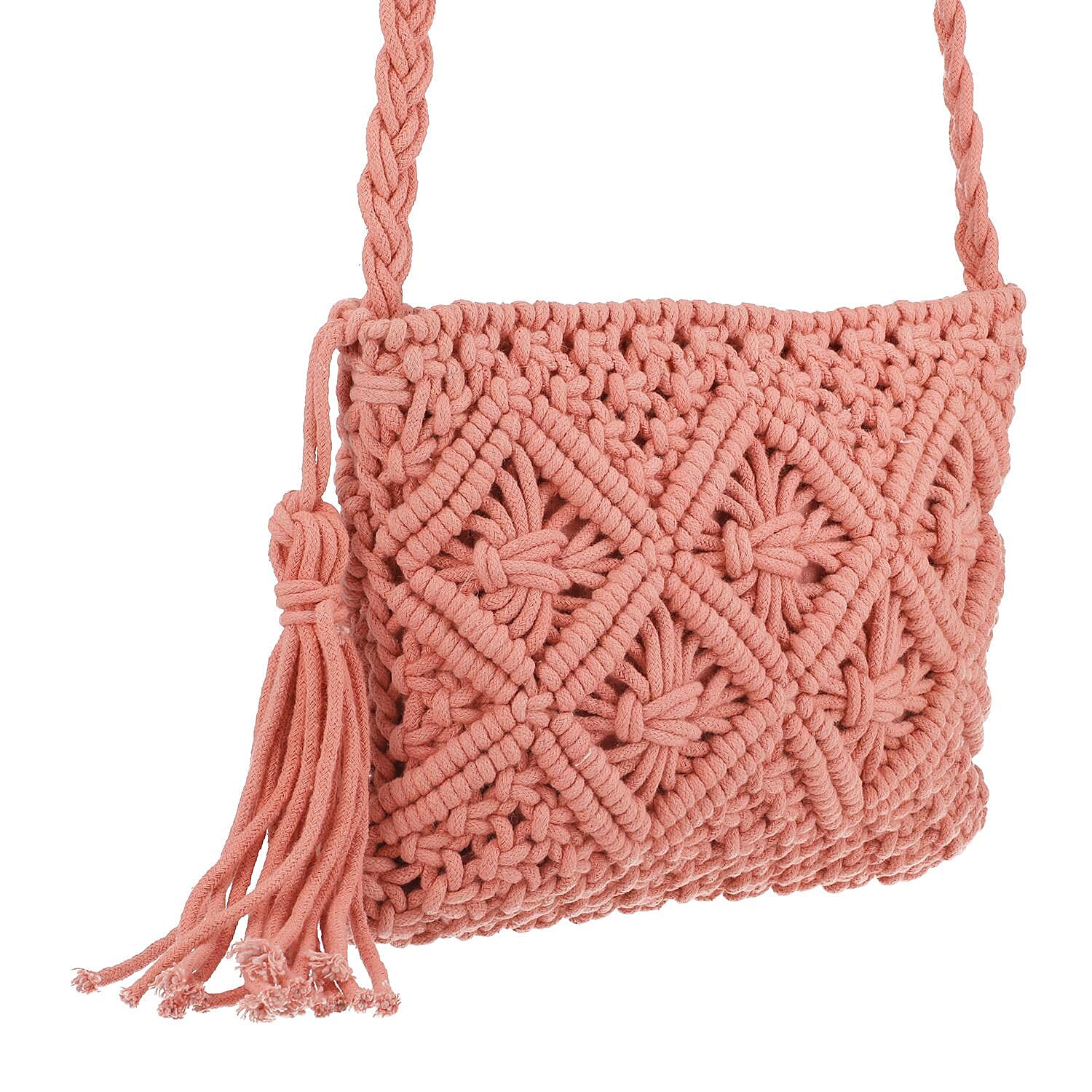 100% Cotton Crossbody Macrame Bag with Long Handle - Light Pink