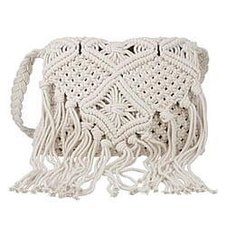 Cotton Crossbody Macrame Bag with Long Handle - White