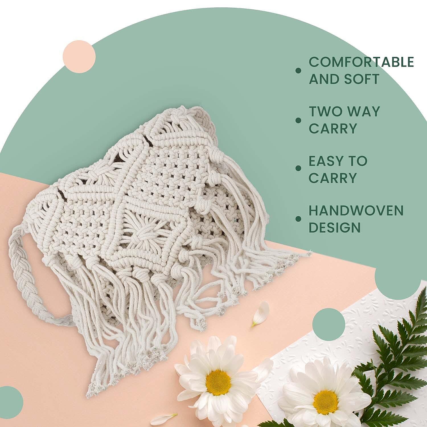 100% Cotton Crossbody Macrame Bag with Long Handle & Fringes - White