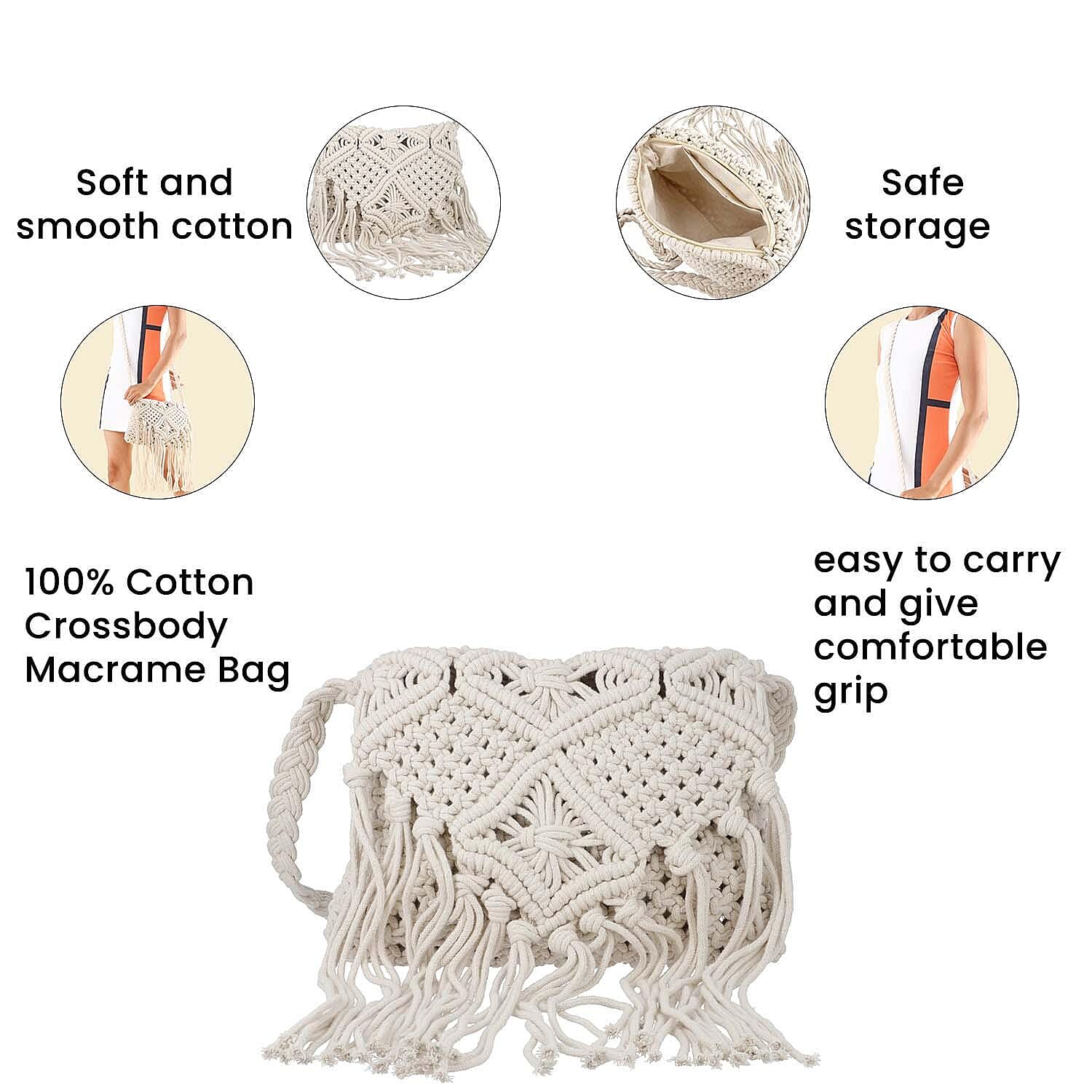 100% Cotton Crossbody Macrame Bag with Long Handle & Fringes - White