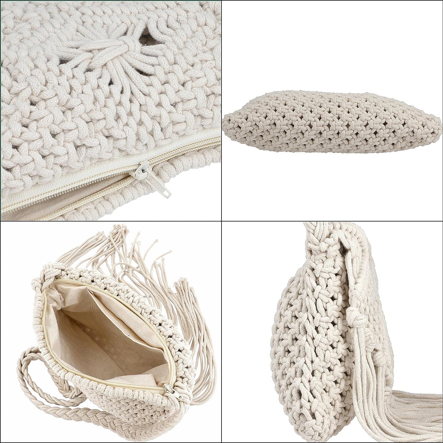 100% Cotton Crossbody Macrame Bag with Long Handle & Fringes - White