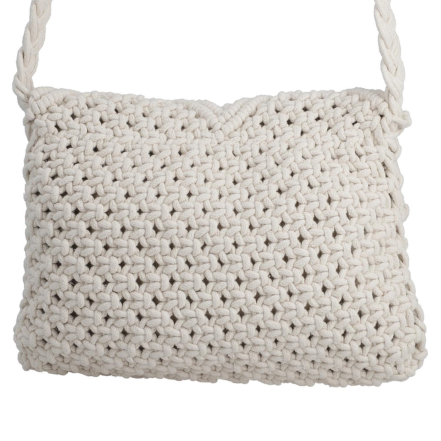 100% Cotton Crossbody Macrame Bag with Long Handle & Fringes - White