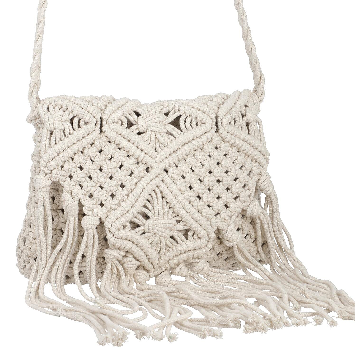 100% Cotton Crossbody Macrame Bag with Long Handle & Fringes - White