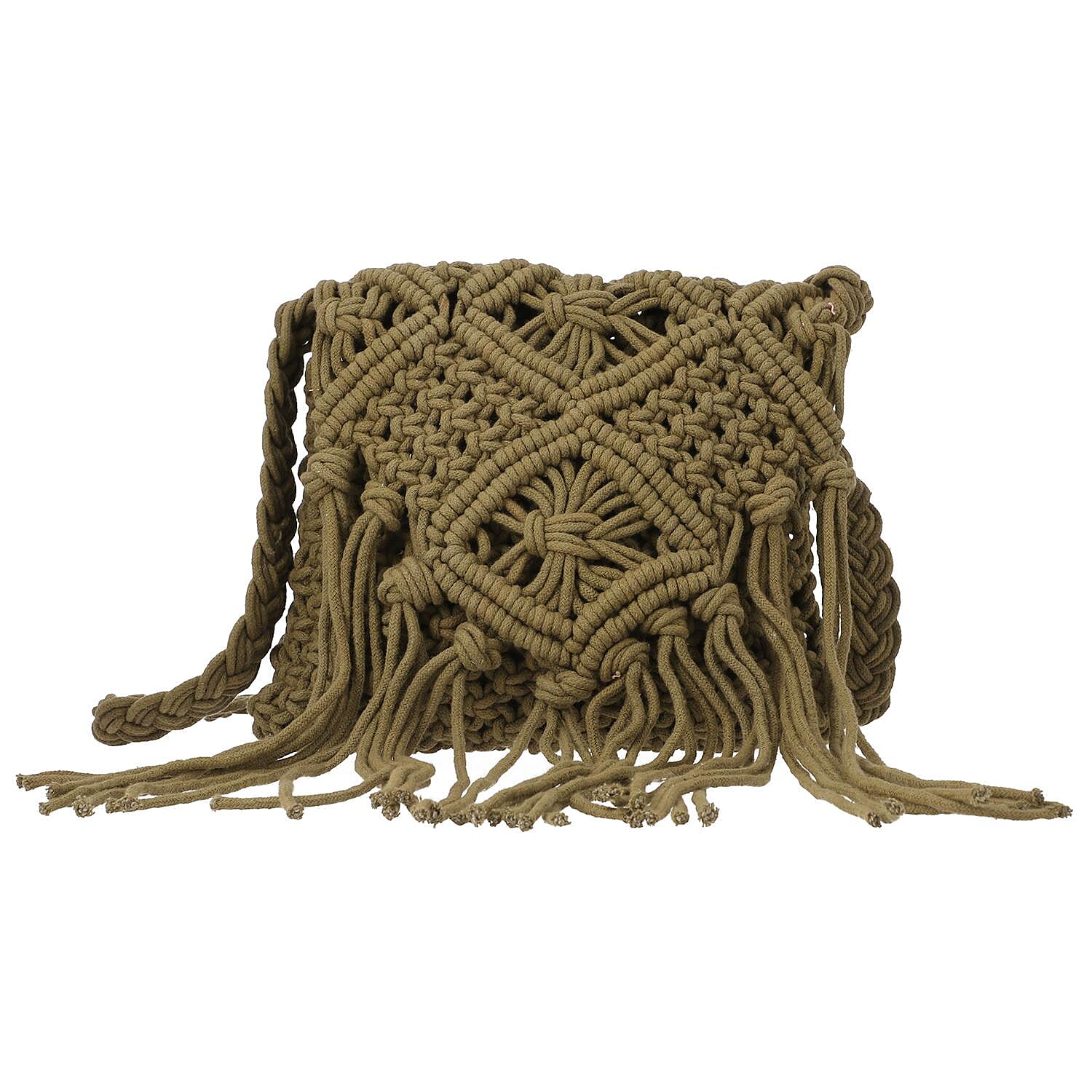 100% Cotton Crossbody Macrame Bag with Long Handle & Fringes - Olive Green