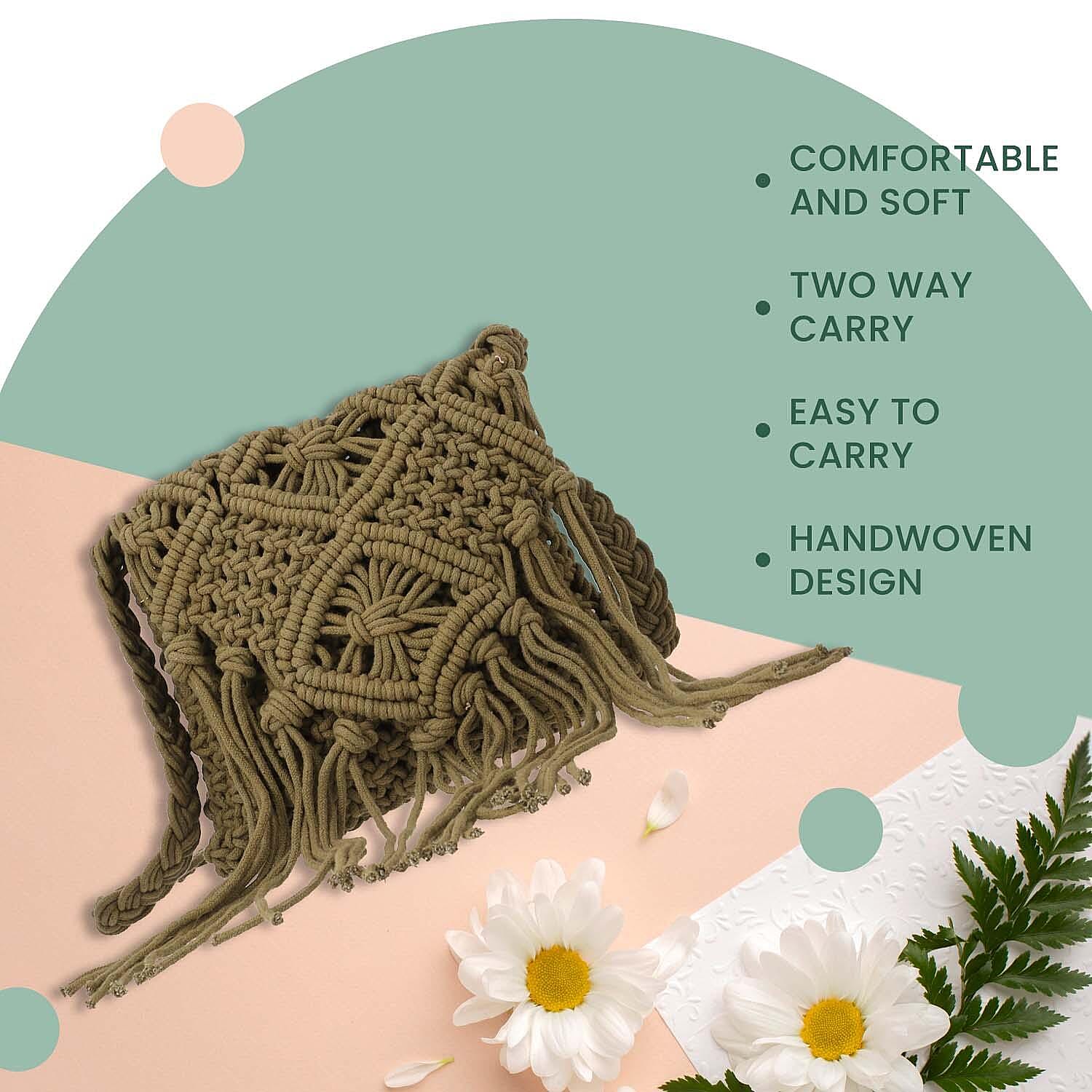 100% Cotton Crossbody Macrame Bag with Long Handle & Fringes - Olive Green
