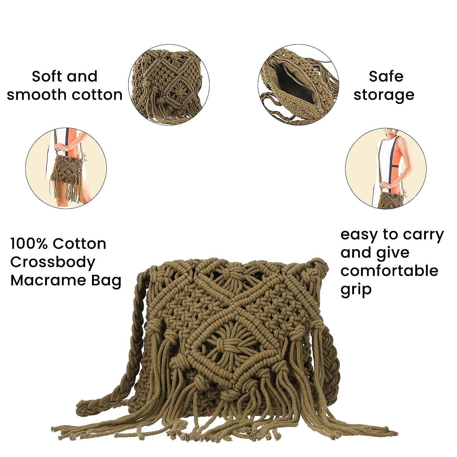 100% Cotton Crossbody Macrame Bag with Long Handle & Fringes - Olive Green
