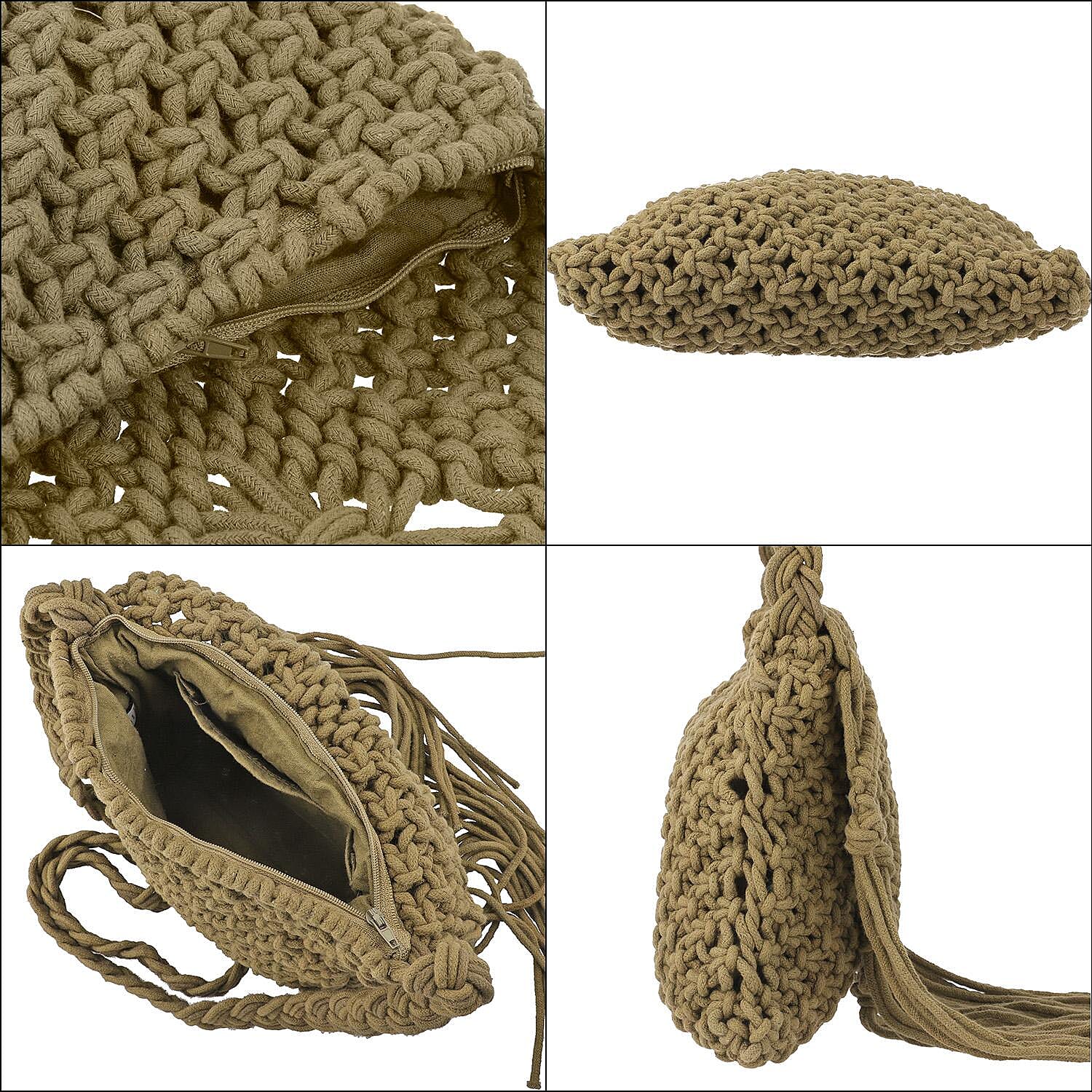 100% Cotton Crossbody Macrame Bag with Long Handle & Fringes - Olive Green