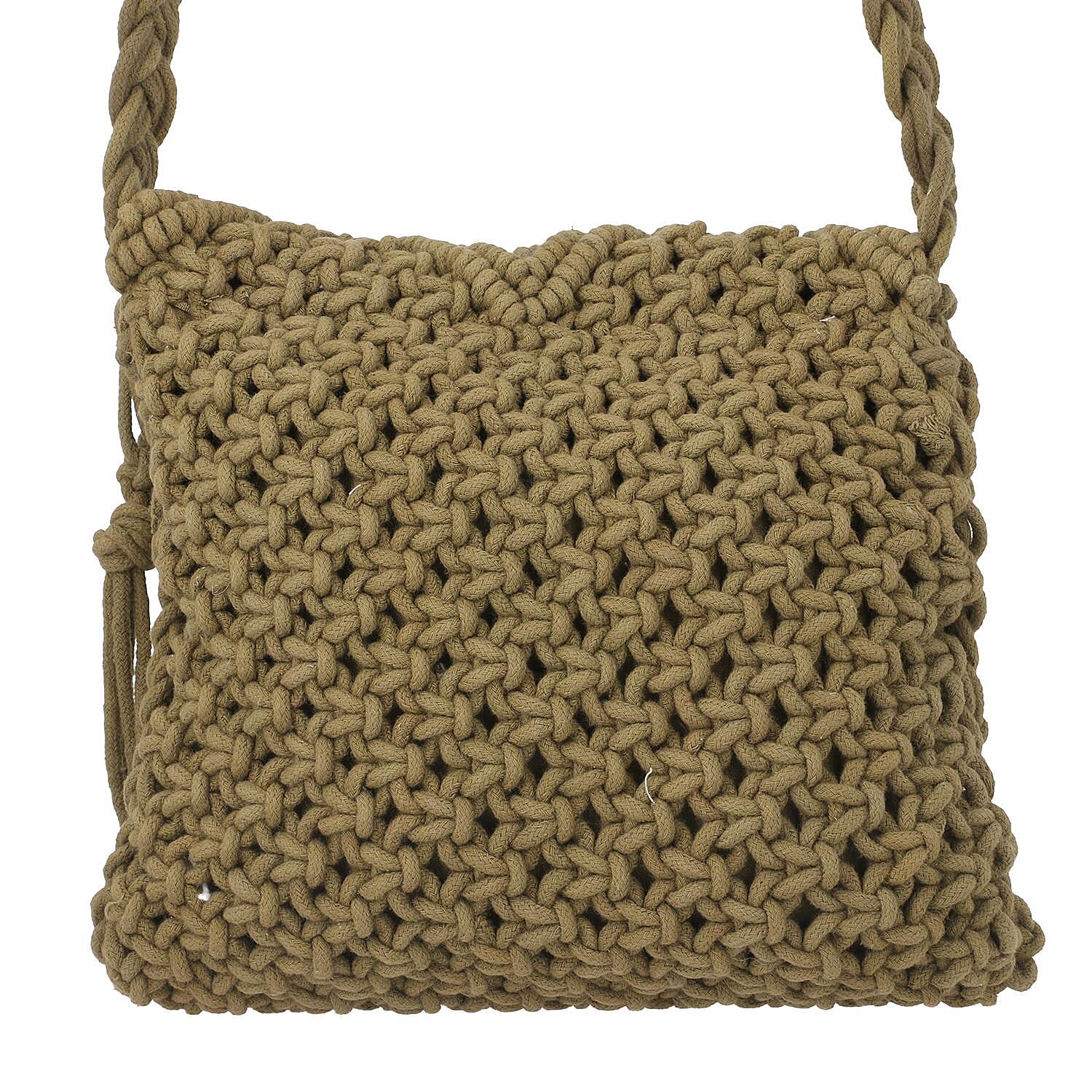 100% Cotton Crossbody Macrame Bag with Long Handle & Fringes - Olive Green
