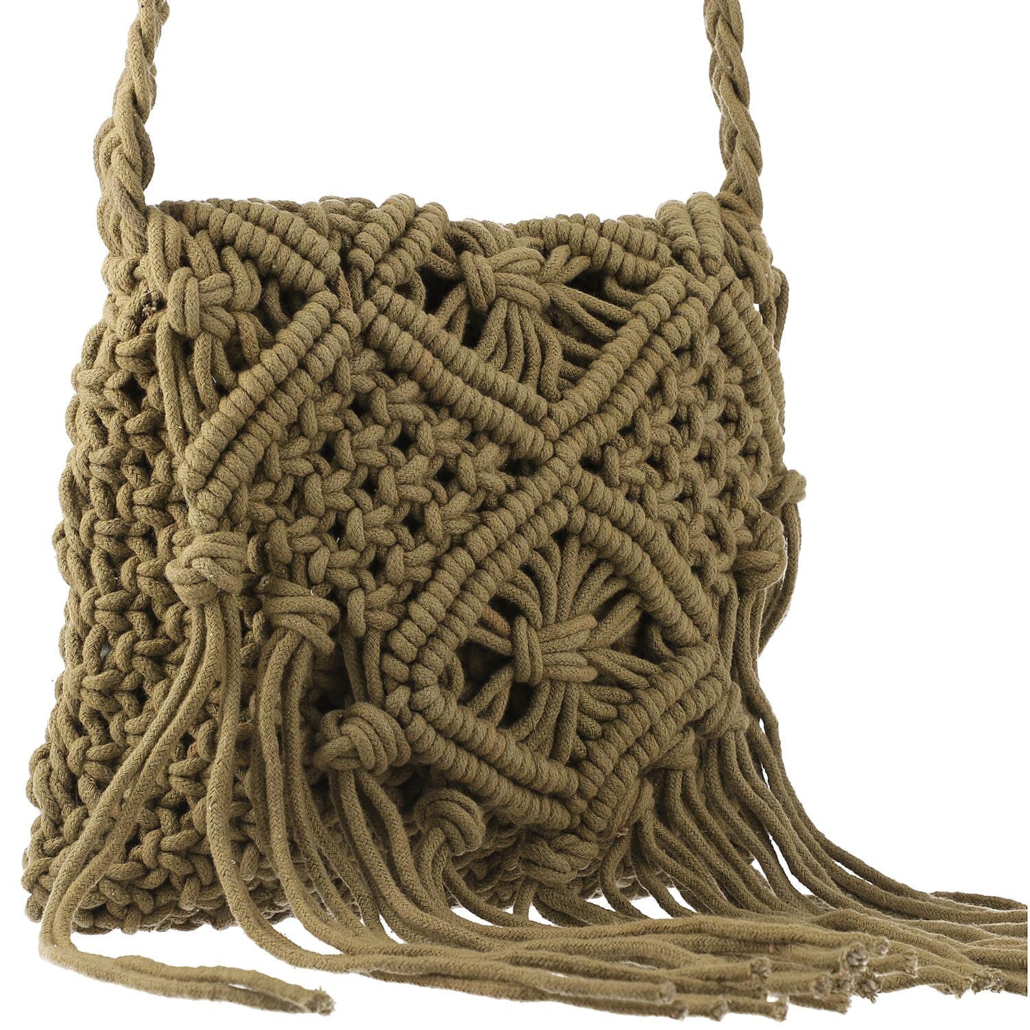 100% Cotton Crossbody Macrame Bag with Long Handle & Fringes - Olive Green