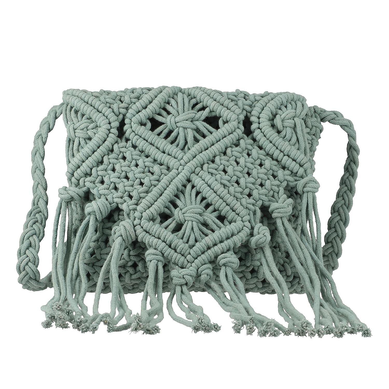 100% Cotton Crossbody Macrame Bag with Long Handle & Fringes - Sage