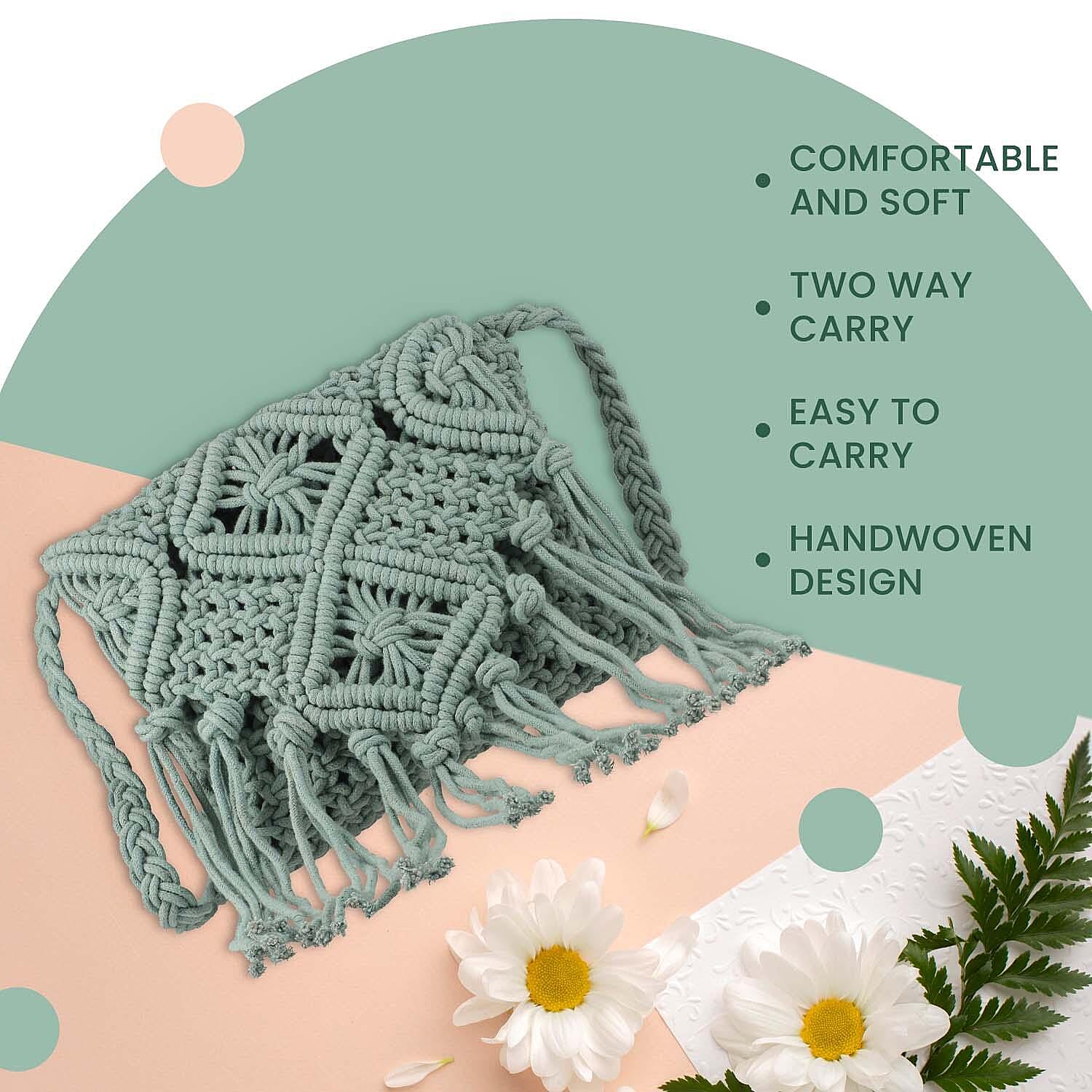 100% Cotton Crossbody Macrame Bag with Long Handle & Fringes - Sage