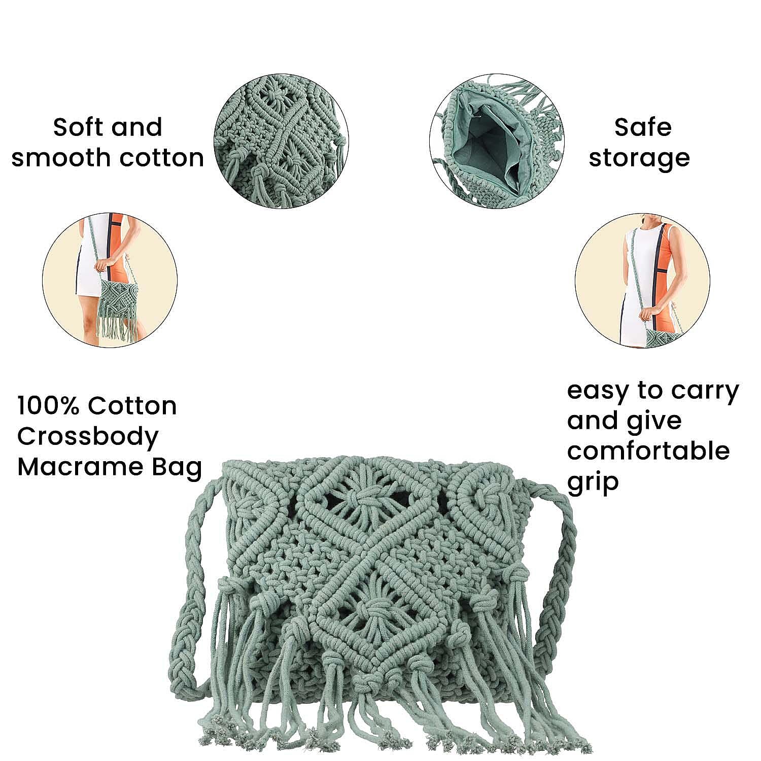100% Cotton Crossbody Macrame Bag with Long Handle & Fringes - Sage