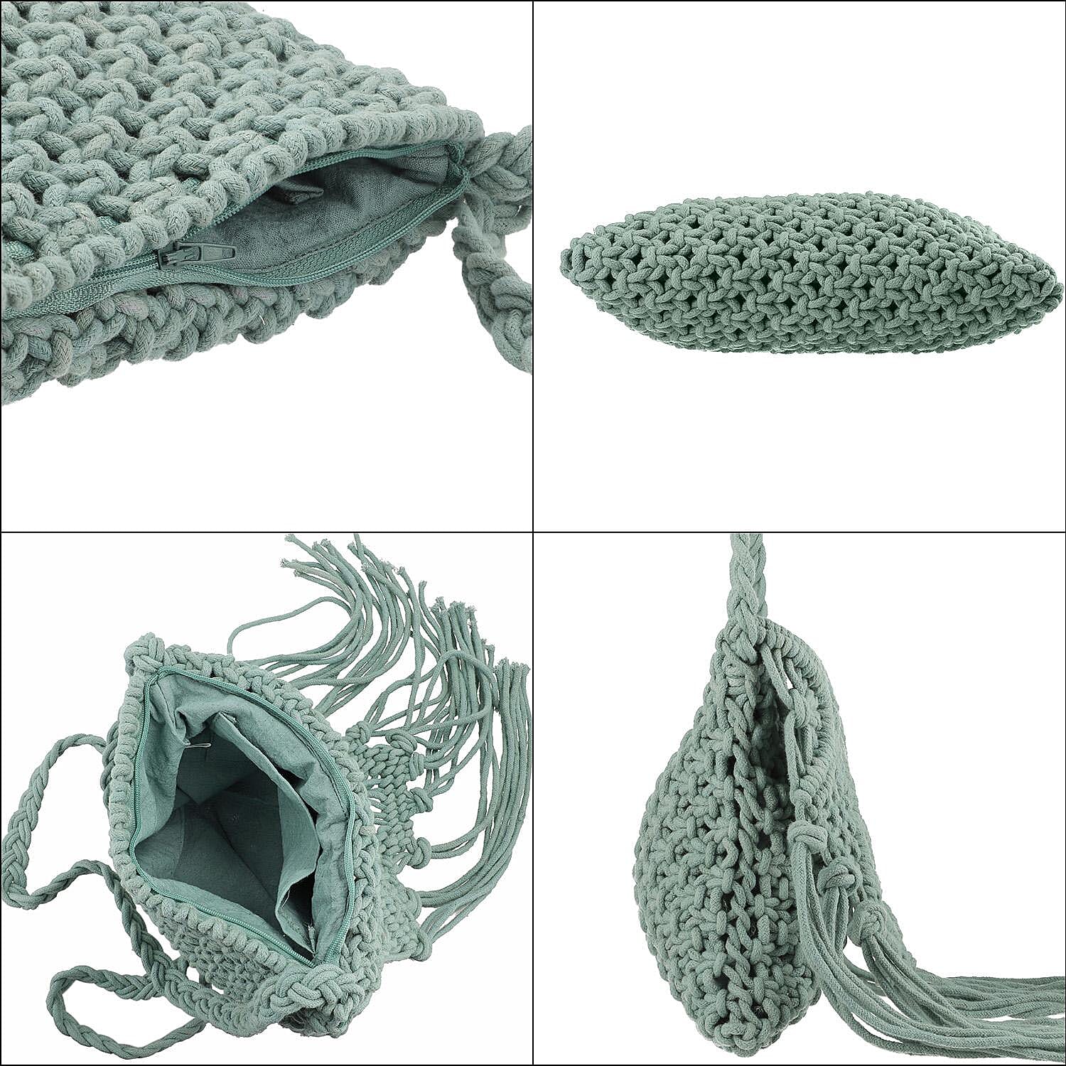 100% Cotton Crossbody Macrame Bag with Long Handle & Fringes - Sage