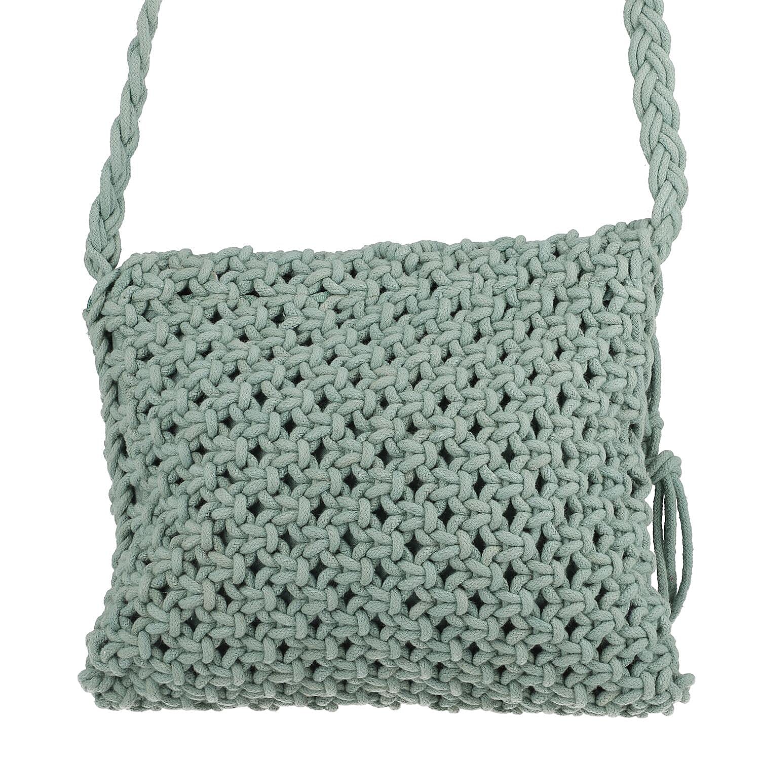 100% Cotton Crossbody Macrame Bag with Long Handle & Fringes - Sage