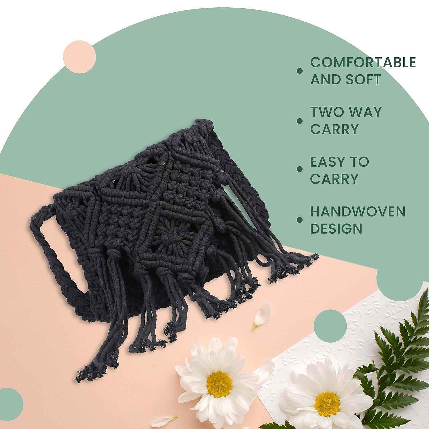 100% Cotton Crossbody Macrame Bag with Long Handle - Fringes  - Black