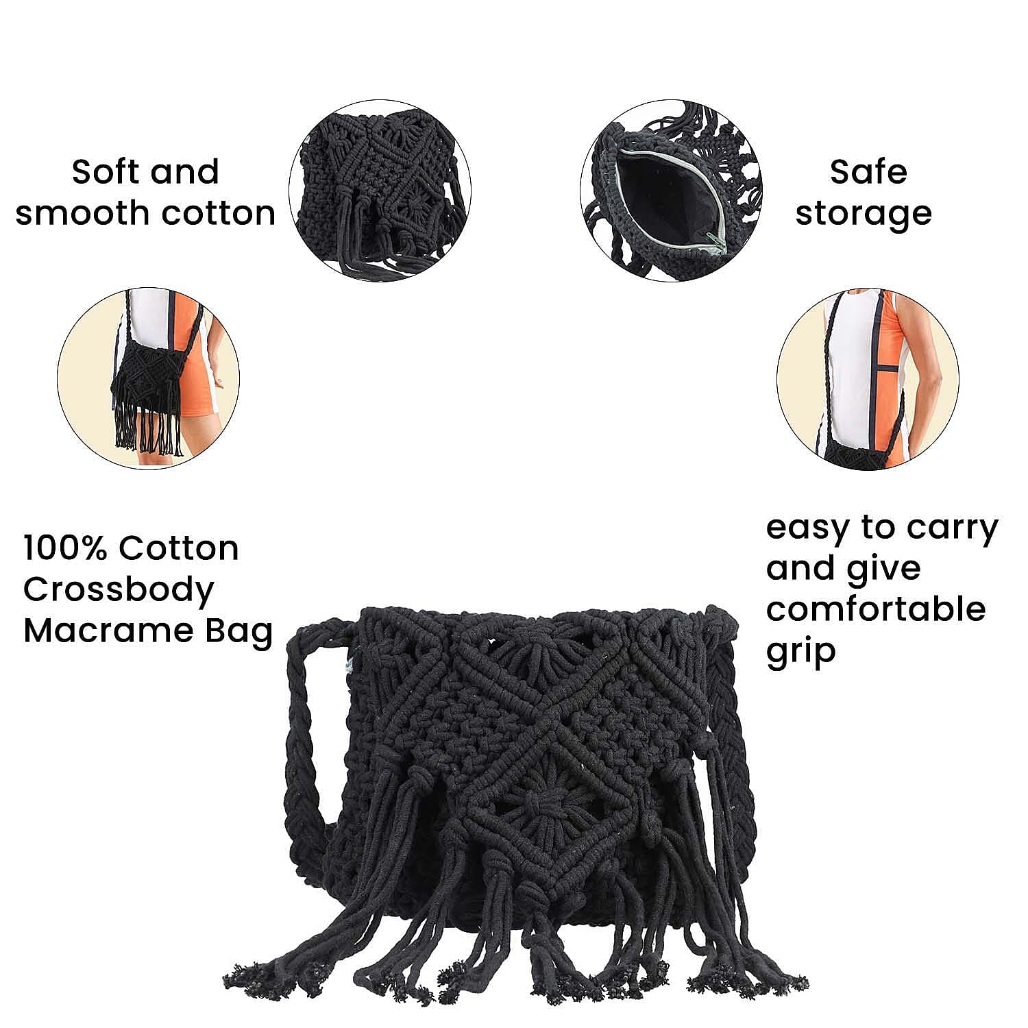 100% Cotton Crossbody Macrame Bag with Long Handle - Fringes  - Black