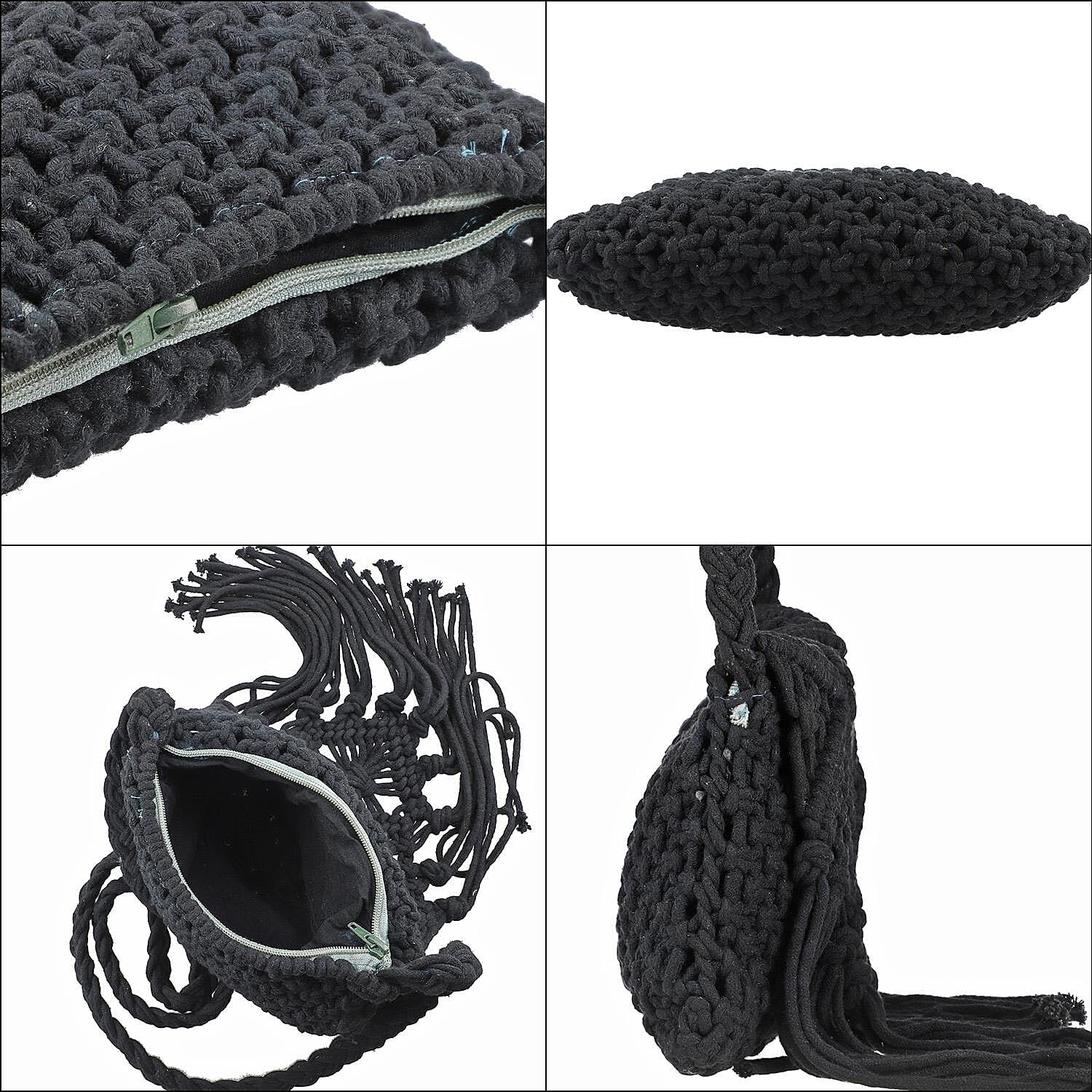 100% Cotton Crossbody Macrame Bag with Long Handle - Fringes  - Black