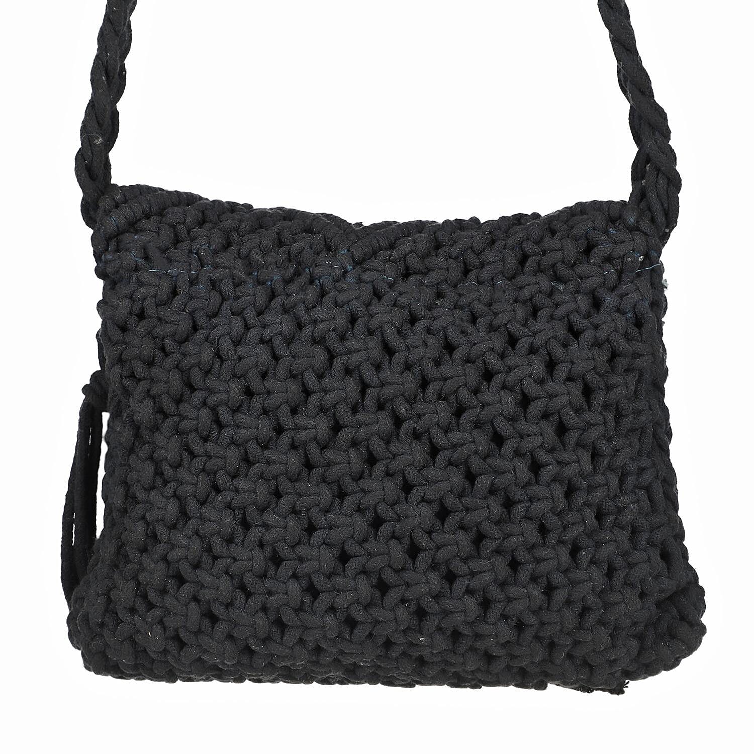 100% Cotton Crossbody Macrame Bag with Long Handle - Fringes  - Black