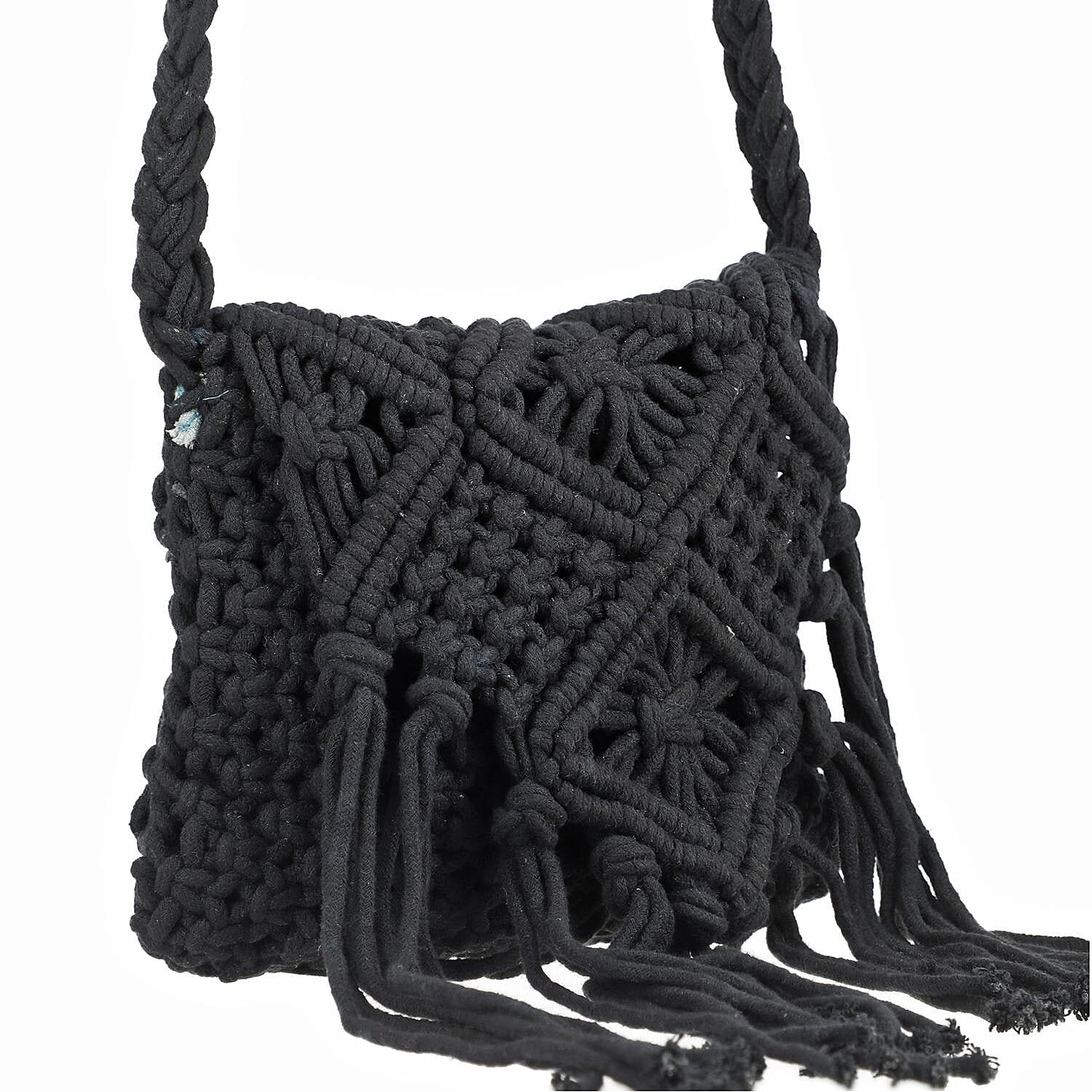 100% Cotton Crossbody Macrame Bag with Long Handle - Fringes  - Black