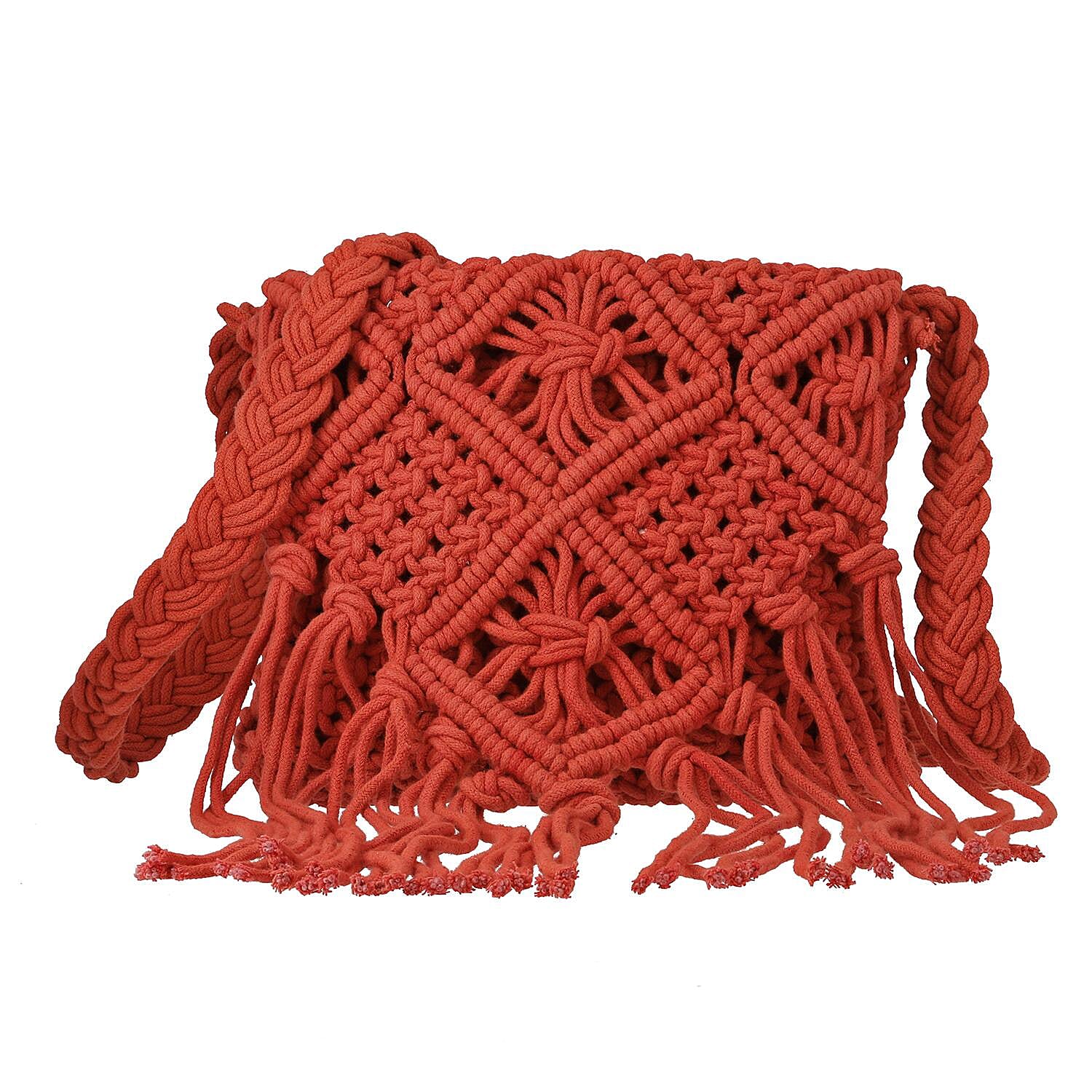 100% Cotton Crossbody Macrame Bag with Long Handle & Fringes - Rust Orange