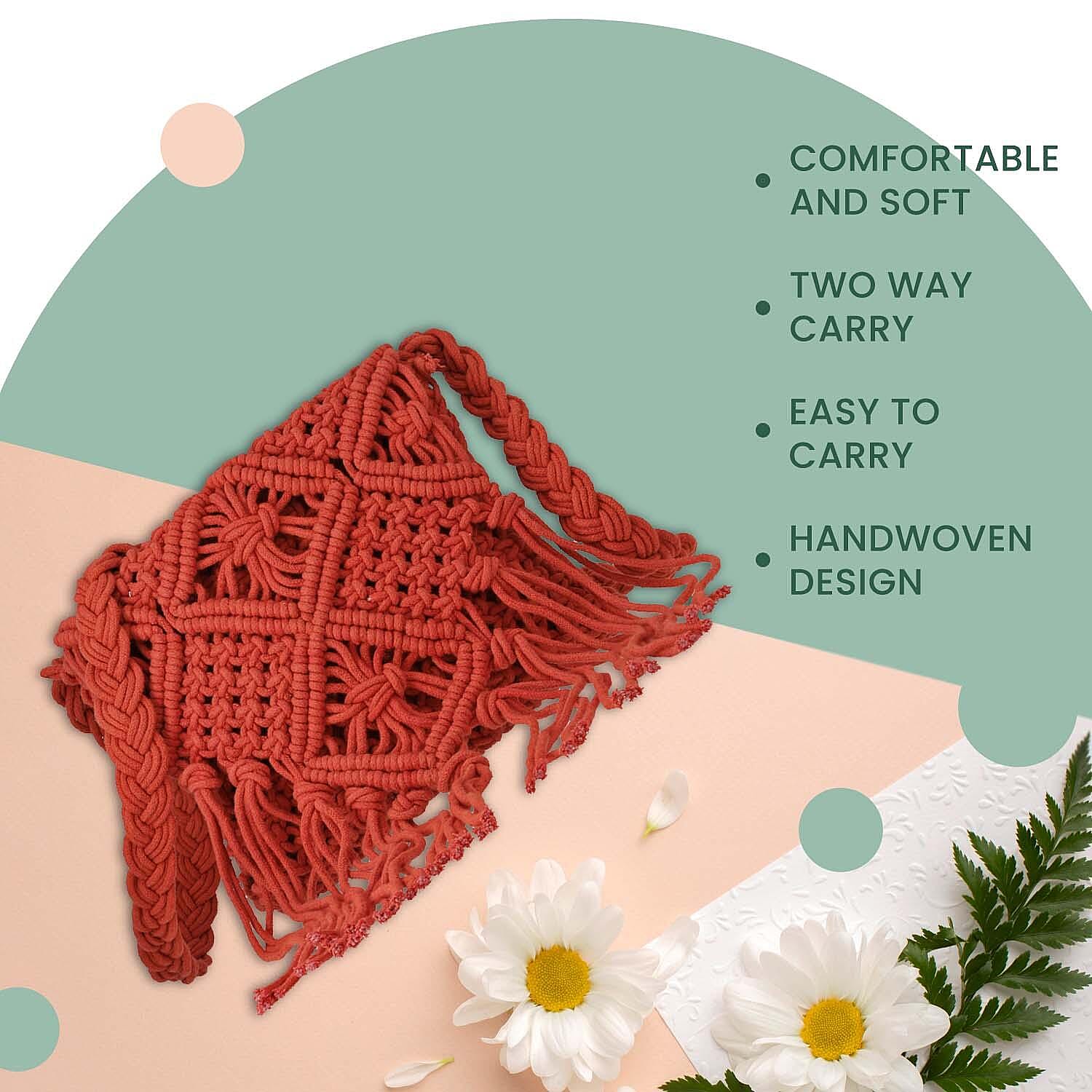 100% Cotton Crossbody Macrame Bag with Long Handle & Fringes - Rust Orange