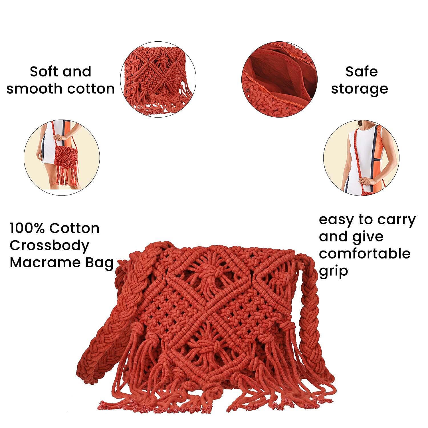 100% Cotton Crossbody Macrame Bag with Long Handle & Fringes - Rust Orange