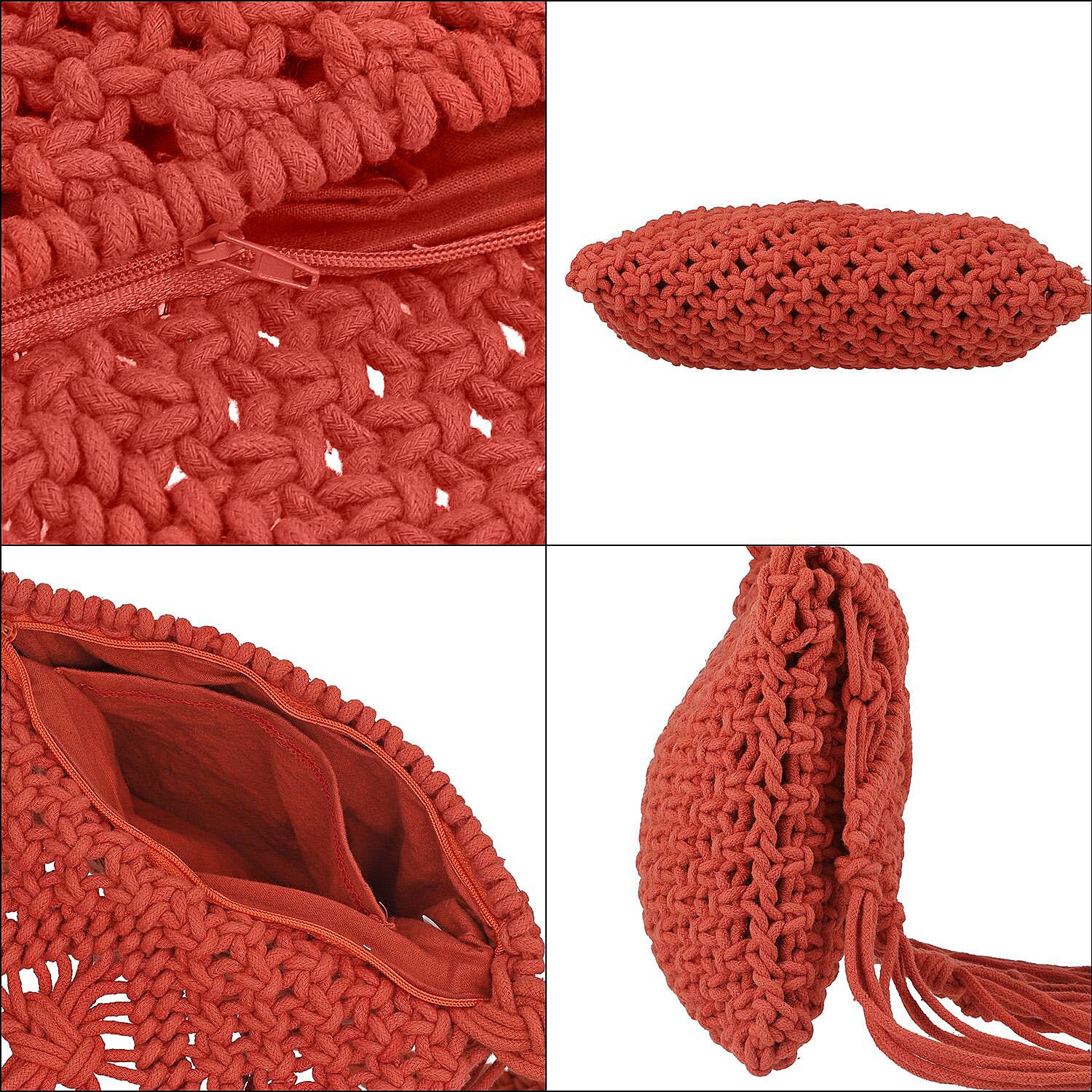 100% Cotton Crossbody Macrame Bag with Long Handle & Fringes - Rust Orange