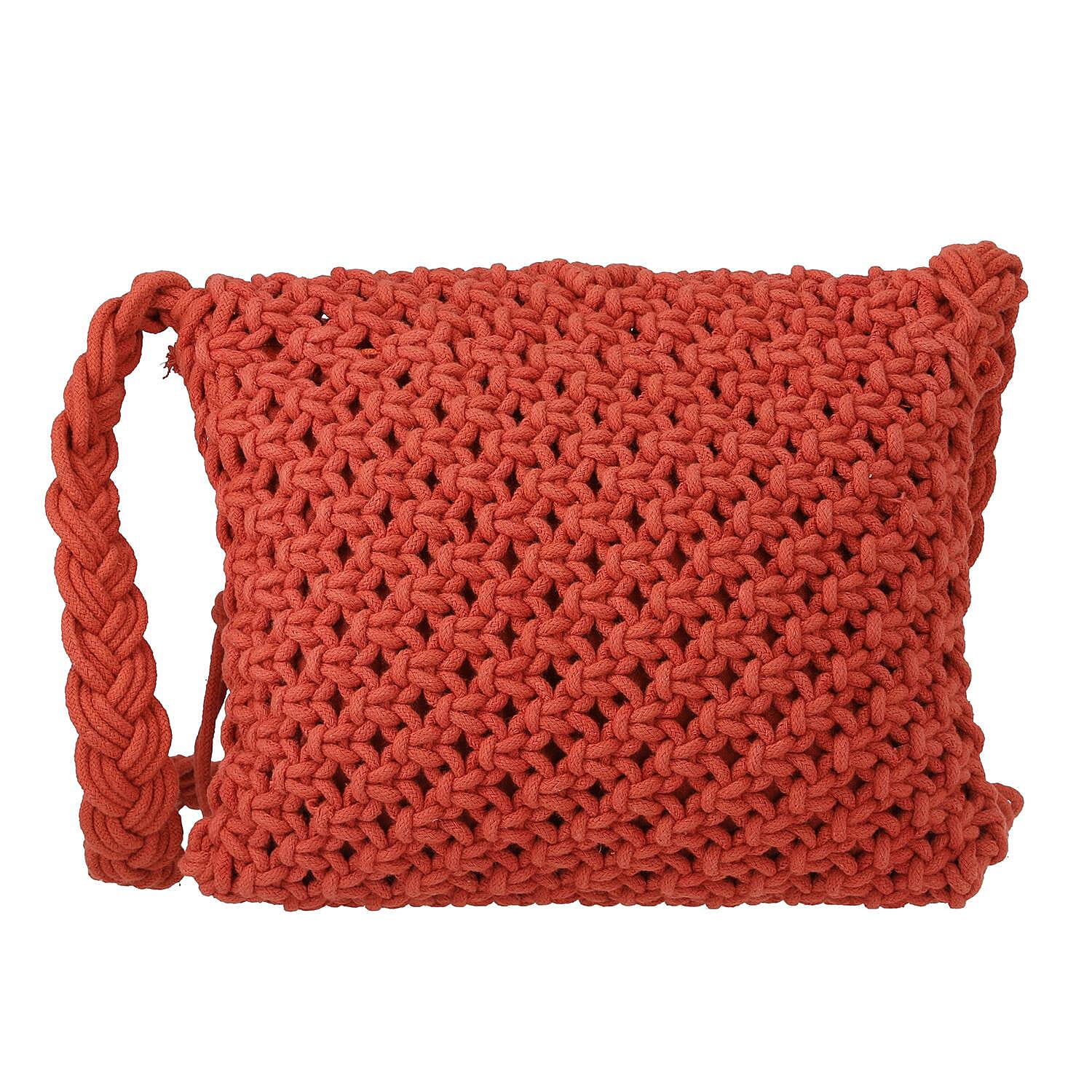 100% Cotton Crossbody Macrame Bag with Long Handle & Fringes - Rust Orange