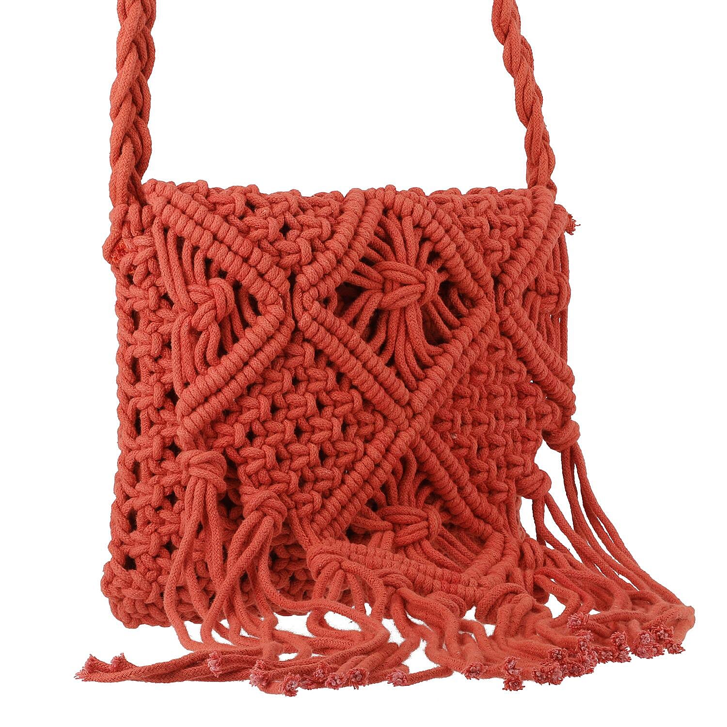 100% Cotton Crossbody Macrame Bag with Long Handle & Fringes - Rust Orange