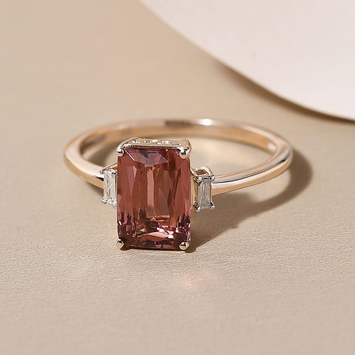 9K Yellow Gold Pink Tourmaline and Diamond Ring 2.15 Ct.