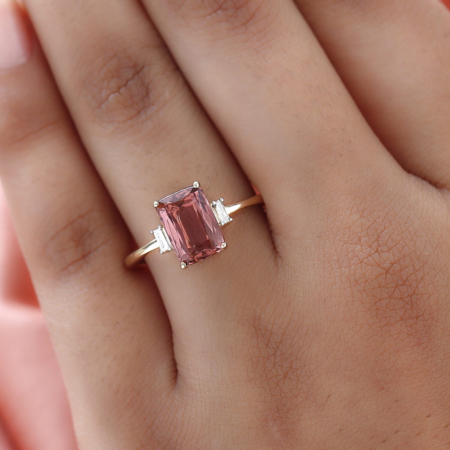 9K Yellow Gold Pink Tourmaline and Diamond Ring 2.15 Ct.