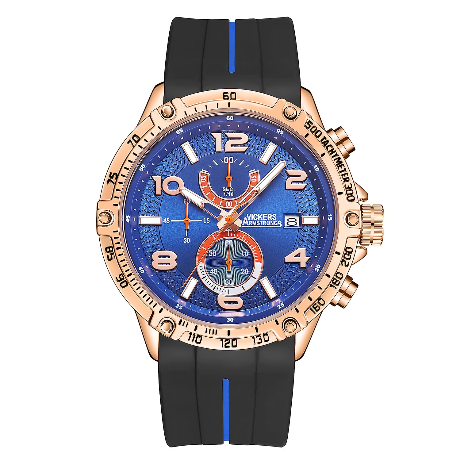 VICKERS ARMSTRONGS Limited Edition Hand Assembled Legacy Chronograph Movement Blue Dial Water Resistant Watch with Black Silicone Strap and Blue Stripe