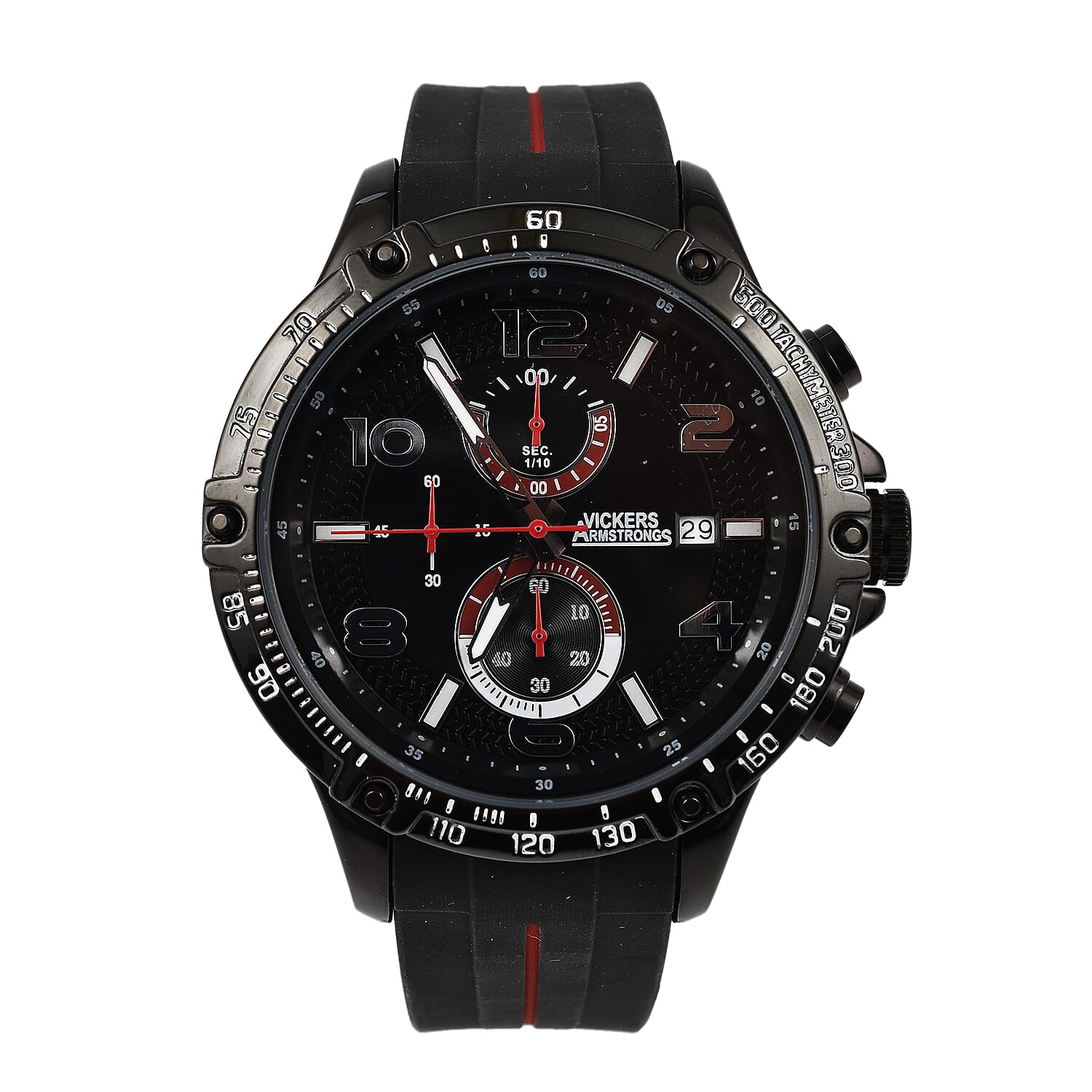 VICKERS ARMSTRONGS Limited Edition Hand Assembled Legacy Chronograph Movement Black Dial Water Resistant Watch with Black Silicone Strap and Red Stripe