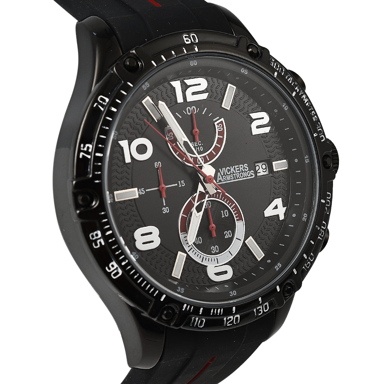 VICKERS ARMSTRONGS Limited Edition Hand Assembled Legacy Chronograph Movement Black Dial Water Resistant Watch with Black Silicone Strap and Red Stripe