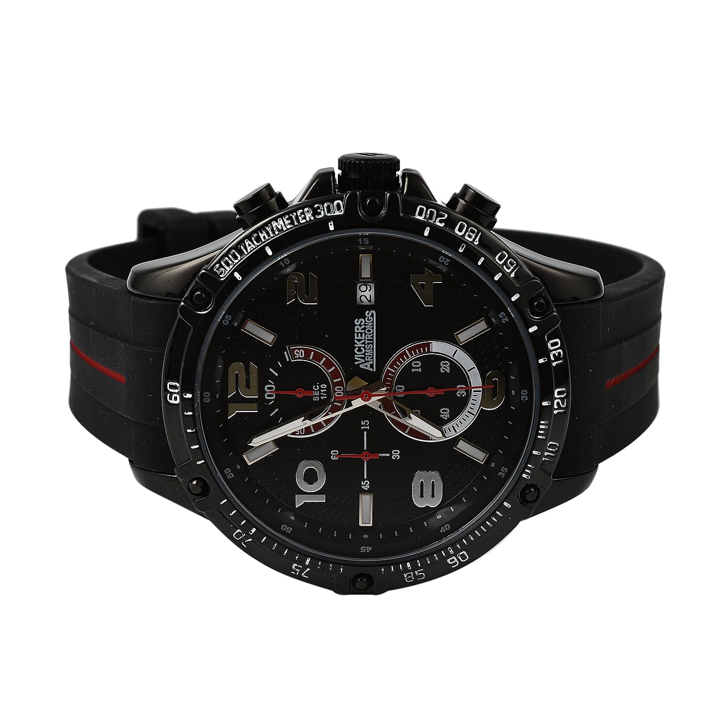 VICKERS ARMSTRONGS Limited Edition Hand Assembled Legacy Chronograph Movement Black Dial Water Resistant Watch with Black Silicone Strap and Red Stripe
