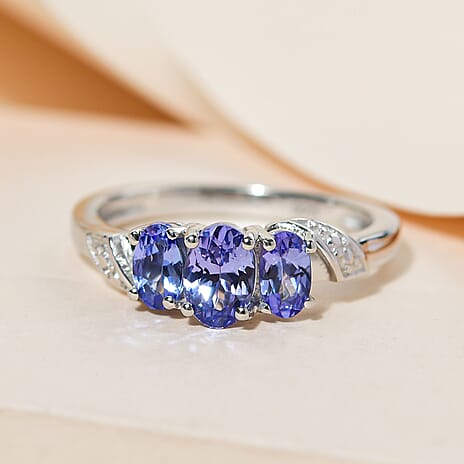 Tanzanite Trilogy Ring in Platinum Overlay Sterling Silver