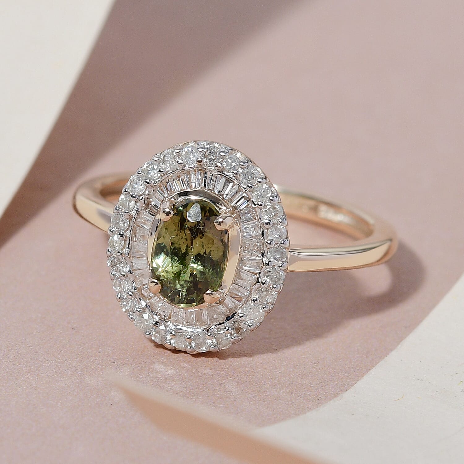 9K Yellow Gold Demantoid Garnet and Diamond Ring 1.11 Ct.