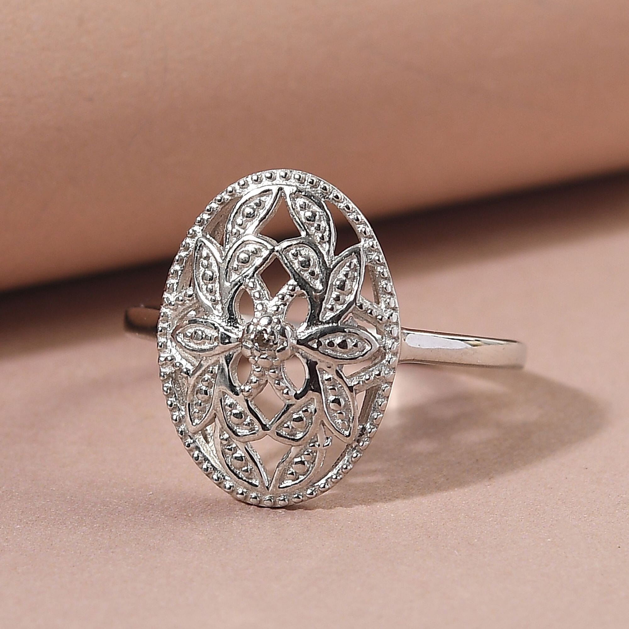 Diamond (G-H) Floral Ring in Platinum Overlay Sterling Silver Diamond (G-H) Floral Ring in Platinum Overlay Sterling Silver