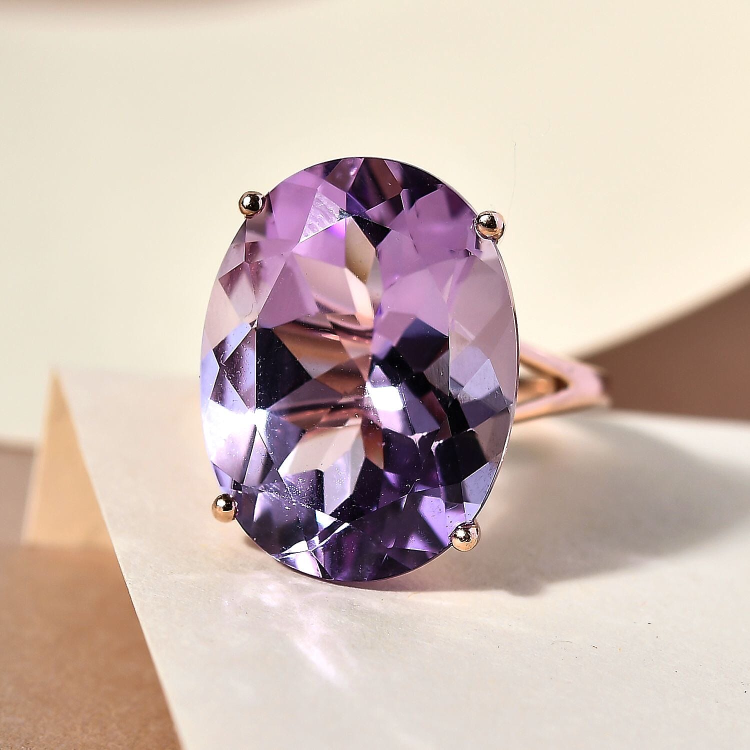 Rose De France Amethyst Solitaire Ring in 18K Rose Gold Vermeil Plated Sterling Silver 16.16 Ct.
