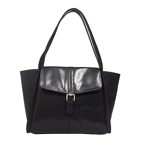 ASSOTS LONDON Swan Collection Premium Genuine Semi Vegetable Polished Leather Flap-Over Tote Bag - Black