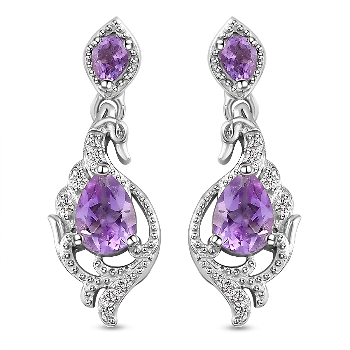 Moroccan Amethyst and Natural Cambodian Zircon Dangle Earrings (with Push Back) in Platinum Overlay Sterling Silver 1.78 Ct.