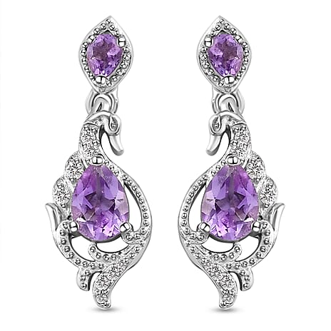 Moroccan Amethyst and Natural Cambodian Zircon Dangle Earrings (with Push Back) in Platinum Overlay Sterling Silver 1.78 Ct.