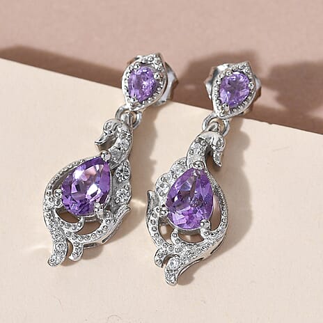 Moroccan Amethyst and Natural Cambodian Zircon Dangle Earrings (with Push Back) in Platinum Overlay Sterling Silver 1.78 Ct.