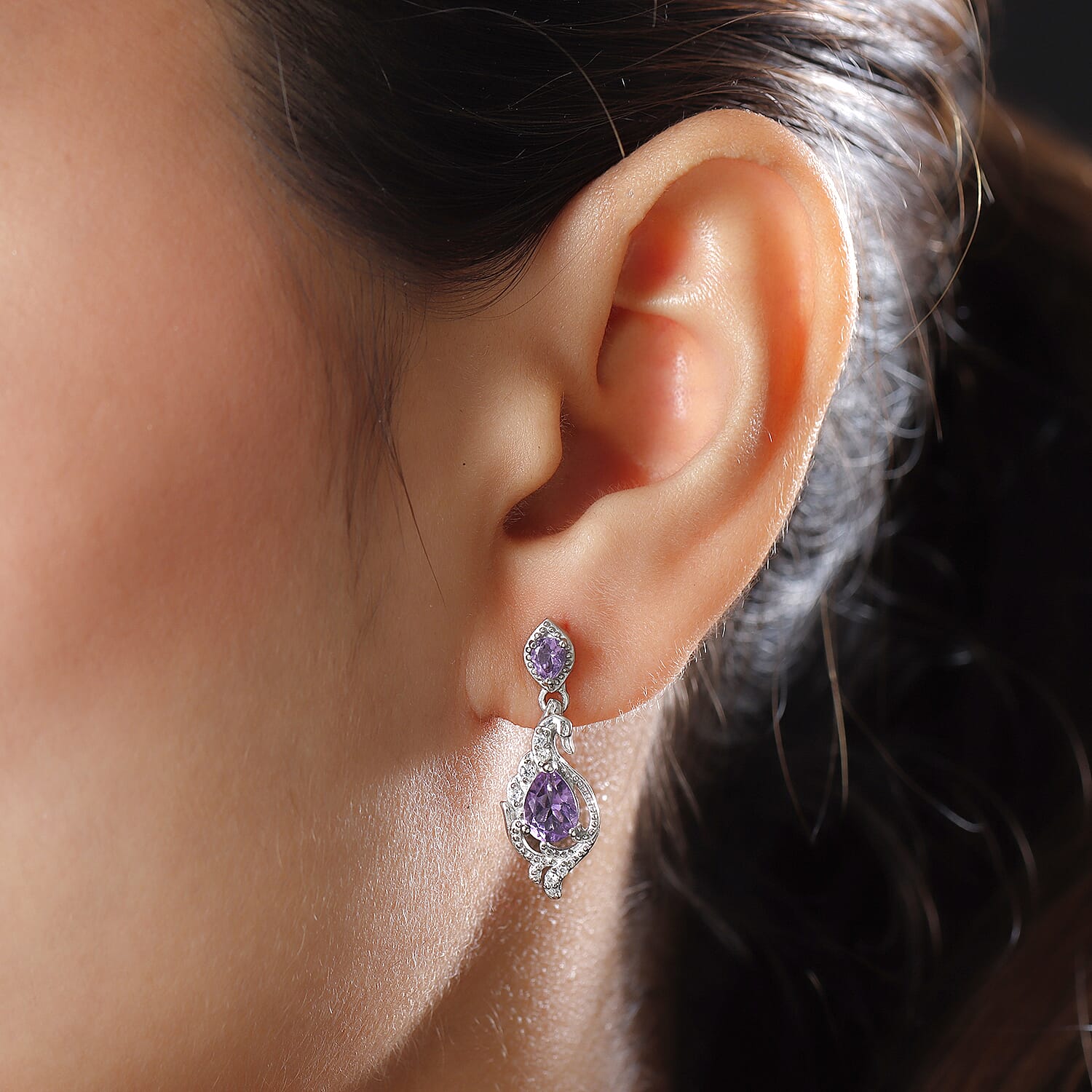 Moroccan Amethyst and Natural Cambodian Zircon Dangle Earrings (with Push Back) in Platinum Overlay Sterling Silver 1.78 Ct.